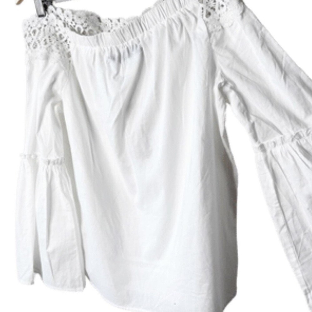 Francescas‎ NWT White Cotton Off Shoulder Crochet Lace Bell Sleeve Poplin Top M - Picture 5 of 8